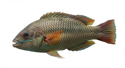 Fototapeta premium Vibrant tropical fish swims against bright white background. AI Generated