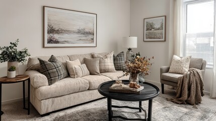 Contemporary neutral living room with a soft-textured sofa, black round coffee table, abstract wall art, and decorative pillows. Calm earthy color scheme.