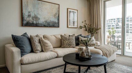 Fototapeta premium Contemporary neutral living room with a soft-textured sofa, black round coffee table, abstract wall art, and decorative pillows. Calm earthy color scheme.