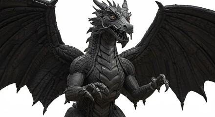 Fototapeta premium Majestic stone dragon sculpture powerfully posed against bright white background. AI Generated