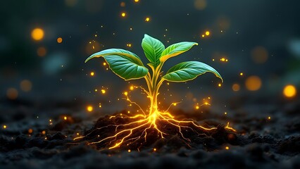Futuristic plant sprout with glowing golden roots and digital network effects on green leaves. Symbolizing technology, energy, and nature connection in a dark soil background