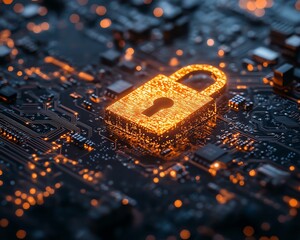 Cybersecurity concept glowing padlock on circuit board