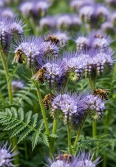 Bees gathering nectar from Phacelia flowers in a vibrant summer field
