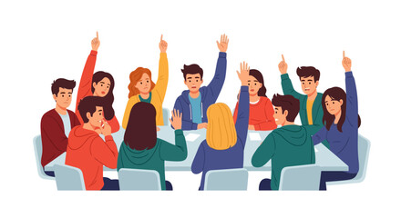 Diverse group raising hands during a meeting or presentation, ready to participate and engage