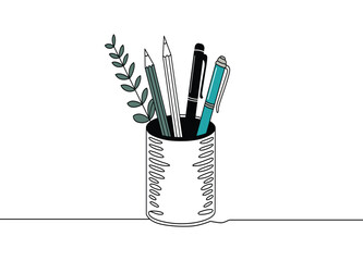 Spiral Desk Container with Stationery and Green Plant on Table