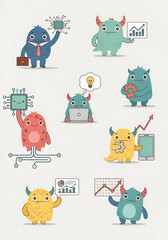 Cute Monster Characters in Business and Technology Roles Cartoon Illustration for Growth, Innovation and Development