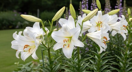 Obraz premium Elegant cluster of white lilies blooming gracefully in lush greenery garden