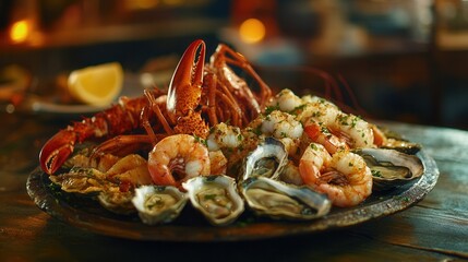 A platter of assorted seafood including shrimp, lobster, and oysters on blurred background