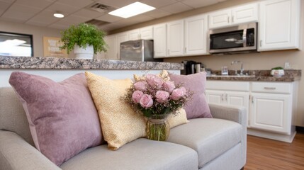 A comfortable sofa with decorative pillows and a bouquet of pink roses in a vase