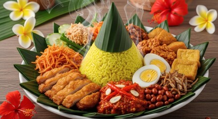 Traditional Indonesian Nasi Tumpeng, a festive cone-shaped yellow rice dish with various side dishes for a special celebration.