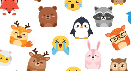 Adorable Cartoon Animals and Emoji Pattern Design for Joyful Backgrounds