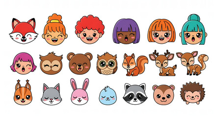 Adorable kawaii character set with cute forest animals and diverse children faces. A charming concept of nature and friendship.