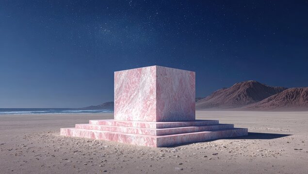 Pink marble cube pedestal on sandy beach at night