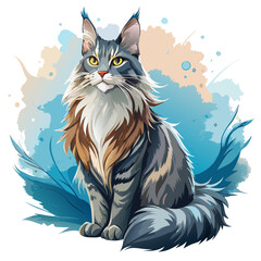 vector illustration of maine coon, sitting tall, watercolor