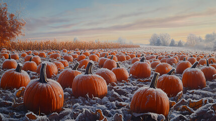 Frosted pumpkins in field at dawn