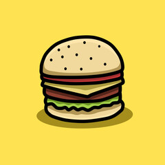 Hamburger illustration vector with yellow background, food packaging, menu illustration hand drawn print ads, food business, restaurant