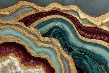 Abstract agate geode with teal, burgundy, and gold accents