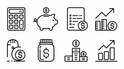 Financial planning and investment icons set isolated on white background, representing money management and growth