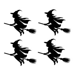 Spooky Halloween Witch Silhouettes: Four Mystical Figures on Broomsticks, Dark Background, Pink Outline,  Elegant Design.