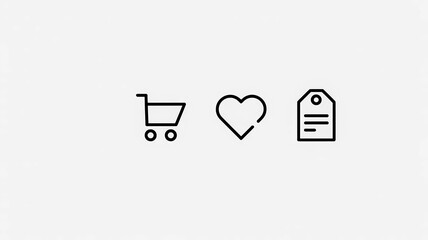 Shopping cart, heart, and price tag icons isolated on white background, representing online retail and favorites