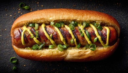 Grilled hot dog topped with mustard, green sauce, and spring onions