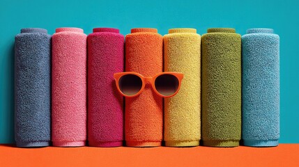 Colorful rolled towels with sunglasses