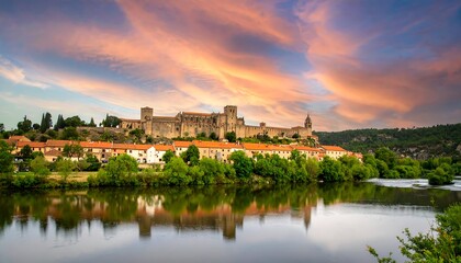 Fototapeta premium A picturesque riverside town at sunset