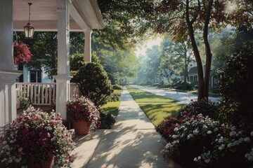 Obraz premium Sunlit suburban street with a porch