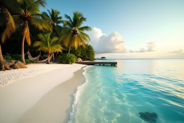 Naklejka premium Idyllic tropical beach with palm trees, turquoise water, and pier extending into the sea at sunset.