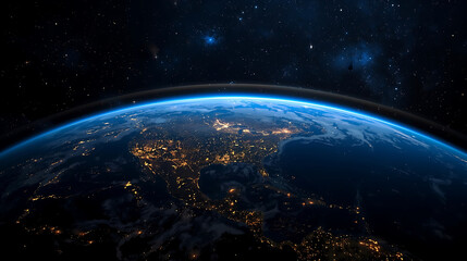 Fototapeta premium The image depicts a satellite orbiting Earth in outer space, illuminated by city lights across continents and surrounded by numerous stars and cosmic light effects against a deep blue background.