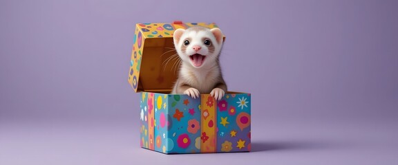 Fototapeta premium Playful ferret popping out of a colorful gift box, plain lavender background