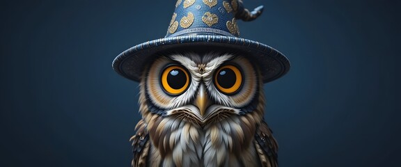 Wide-eyed owl wearing a tiny wizard hat, plain dark blue background
