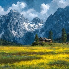 Mountain landscape with a small cabin nestled in a vibrant yellow field, against a backdrop of towering snow-capped peaks