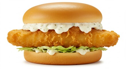 揚げたて白身魚サンド 爽やかタルタルソース添え 食欲をそそる黄金色. AI Generated