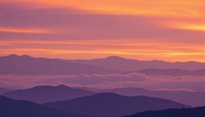 Obraz premium cloudy cotton candy sky with sunset peach with misty mauve, gentle layered haze, hints of twilight violet, perspective from a mountain peak, serene and calming