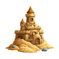 Sandcastle built on the beach with turrets and detailed architecture during a sunny day