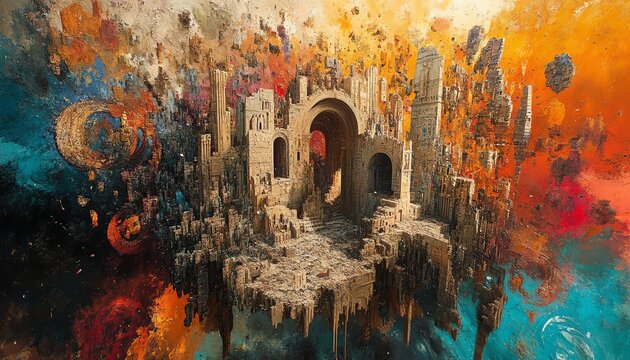 Aerial view of ancient civilizations crumbling under modern chaos, surrealist elements blending history and commentary, vibrant colors