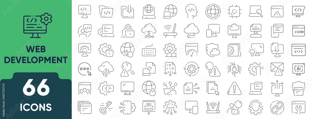 Wall mural web development line icon set. set of 66 outline icons including coding, website design, programming