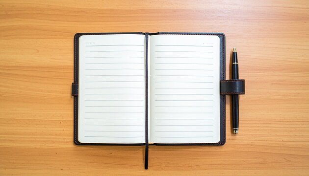 An open notebook with empty lined pages and a pen on a wooden desk background. Workspace for journaling, studying, or planning.