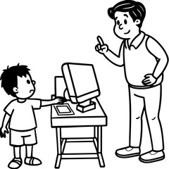 Curious Boy Learning on Computer with Father – Black and White Cartoon Illustration