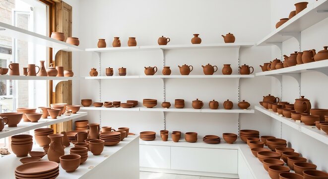 温かい光が照らす 素焼き陶器の数々 棚に並ぶ手作り感溢れる作品. AI Generated - Powered by Adobe