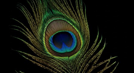 鮮やか孔雀の羽根 黒背景 精密描写 神秘的輝き. AI Generated
