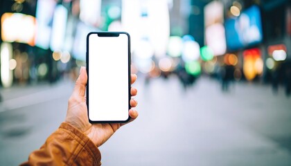 Hand holding a smartphone with a blank white screen for mockup on a bustling city street at night with blurred bokeh lights.