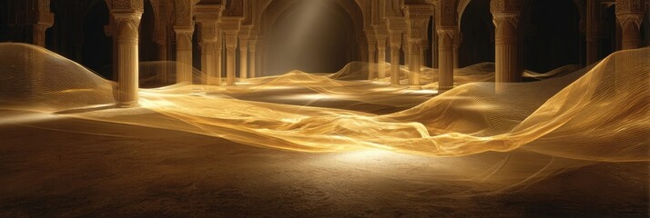 Golden, ethereal fabric drapes a vast, ancient-style hall