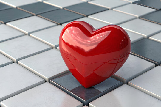 Glossy Red Heart on a Tiled Surface.