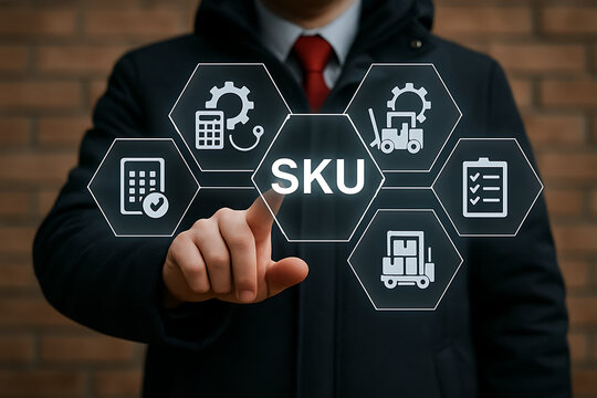 SKU Stock Keeping Unit. Businessman using virtual touchscreen presses SKU.SKU concept.