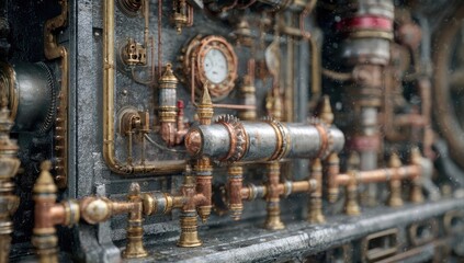 Close-up of intricate steampunk machinery, featuring brass and copper pipes, gears, and dials