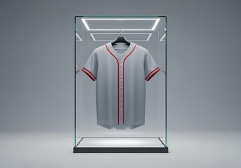 A classic gray baseball jersey enshrined in a modern glass display case with neon lighting. A tribute to sports history and memorabilia.
