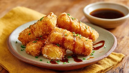 Crispy cheese sticks drizzled with sweet sauce on a plate