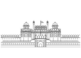 Red Fort Vector Line Drawing, Red Fort New Delhi Line Drawing, an Indian historical monument.